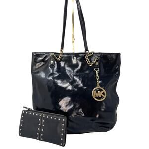 Michael Kors Tote Bag + Studded Card Wallet Shiny Patent Gold Chain Hardware